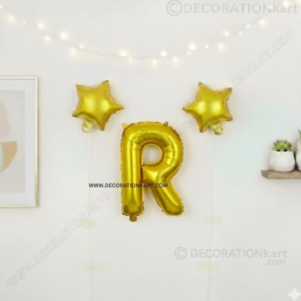 Golden foil balloon combo featuring letter 'R' (16 inch) and two star-shaped balloons (9 inch) for party decoration