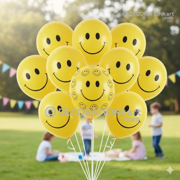 Bright yellow latex balloons printed with smiley faces, floating in a fun and festive kids party setup.