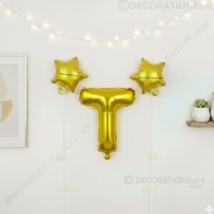 Golden foil balloon combo featuring letter 'T' (16 inch) and two star-shaped balloons (9 inch) for party decoration