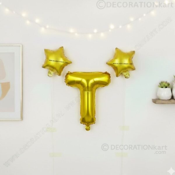 Golden foil balloon combo featuring letter 'T' (16 inch) and two star-shaped balloons (9 inch) for party decoration