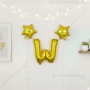 Golden foil balloon combo featuring letter 'W' (16 inch) and two star-shaped balloons (9 inch) for party decoration