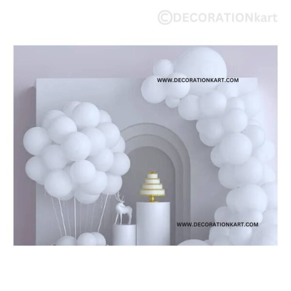 Glossy chrome white latex balloons arranged in a luxurious party setup with soft lighting and elegant décor.