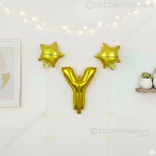 Golden foil balloon combo featuring letter 'Y' (16 inch) and two star-shaped balloons (9 inch) for party decoration