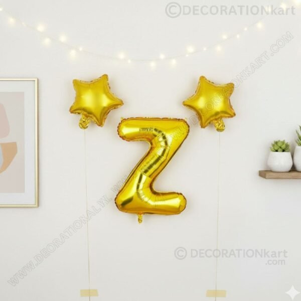 Golden foil balloon combo featuring letter 'Z' (16 inch) and two star-shaped balloons (9 inch) for party decoration