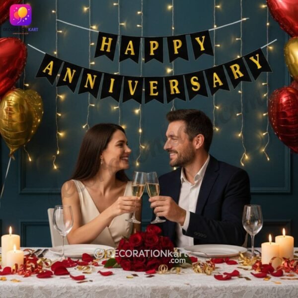 DECORATIONkart HAPPY ANNIVERSARY Black Card Banner with 16 elegant black paper letters and golden print for romantic celebration, couple décor, and anniversary party decoration