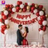 DECORATIONkart HAPPY ANNIVERSARY Red Foil Balloons Banner in metallic red for wedding anniversary, couple celebration, romantic party, and love décor