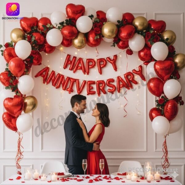 DECORATIONkart HAPPY ANNIVERSARY Red Foil Balloons Banner in metallic red for wedding anniversary, couple celebration, romantic party, and love décor