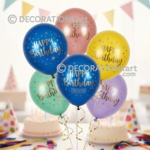 Colorful latex balloons printed with “Happy Birthday” text, floating in a cheerful birthday party setup.