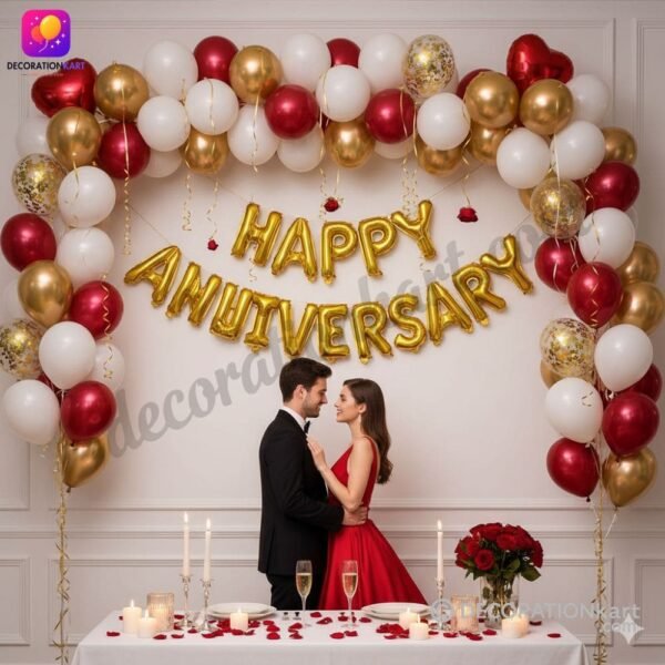 DECORATIONkart HAPPY ANNIVERSARY Golden Foil Balloons Banner in metallic gold for wedding anniversary, couple celebration, romantic party, and love décor