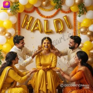 DECORATIONkart HALDI Golden Foil Balloons in metallic gold for Haldi ceremony, wedding stage decoration, bridal shower backdrop, and festive party décor