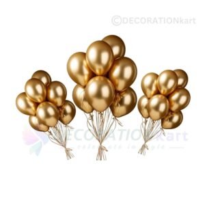 "Metallic golden balloons for party decorations – perfect for birthdays, weddings, and anniversaries. High-quality rubber balloons available at DecorationKart.