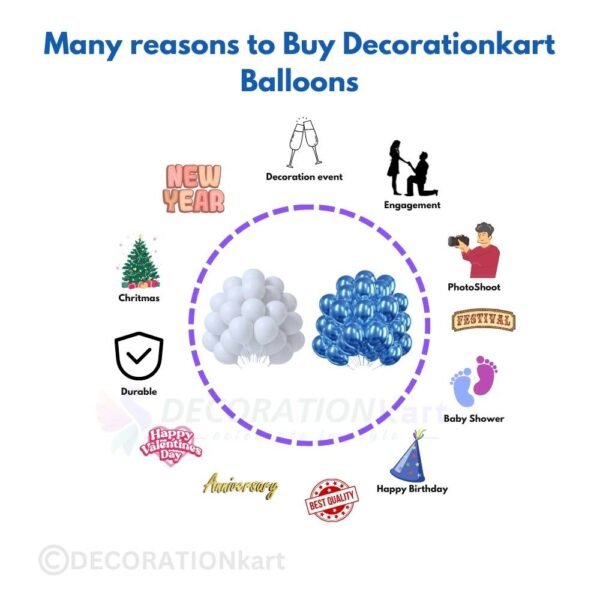 "Metallic White and Blue Balloons Pack of 100 – Perfect for Birthday, Anniversary, and Party Decorations – Buy Online at DecorationKart"