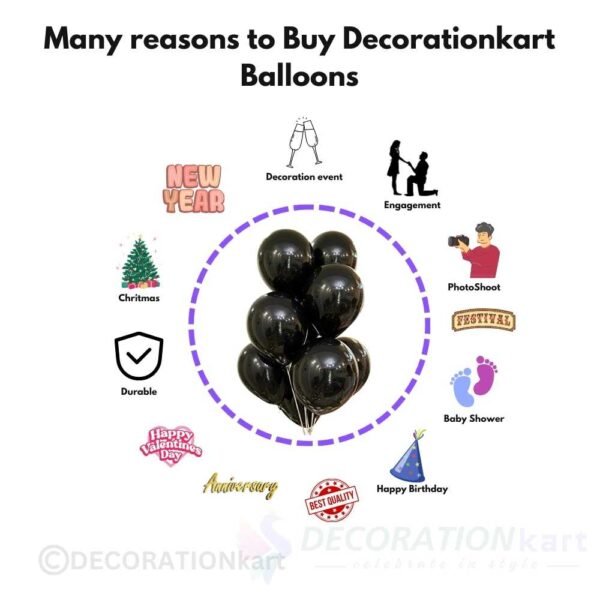 "Metallic black balloons for birthday, wedding, and party decoration – Premium quality rubber balloons from DecorationKart."