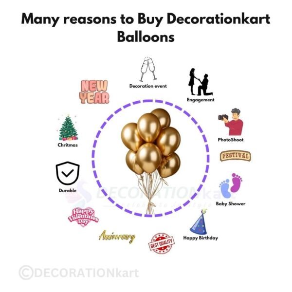 "Metallic golden balloons for party decorations – perfect for birthdays, weddings, and anniversaries. High-quality rubber balloons available at DecorationKart.