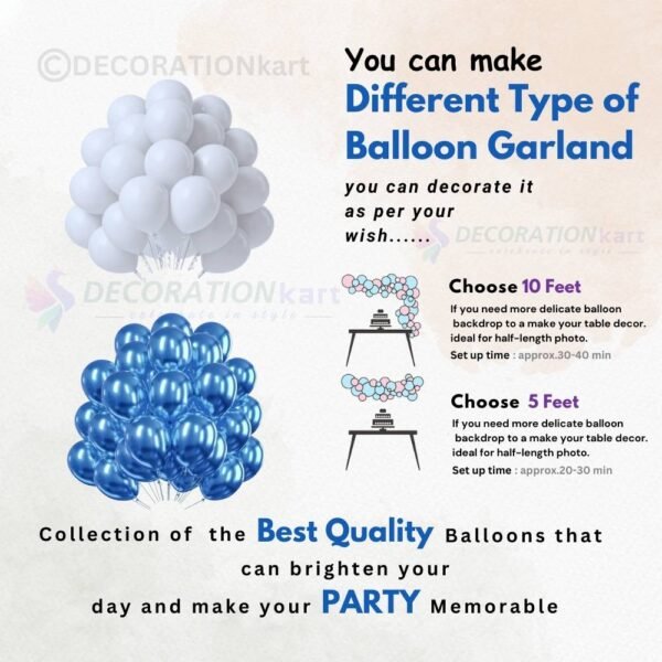 "Metallic White and Blue Balloons Pack of 100 – Perfect for Birthday, Anniversary, and Party Decorations – Buy Online at DecorationKart"