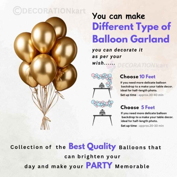 "Metallic golden balloons for party decorations – perfect for birthdays, weddings, and anniversaries. High-quality rubber balloons available at DecorationKart.