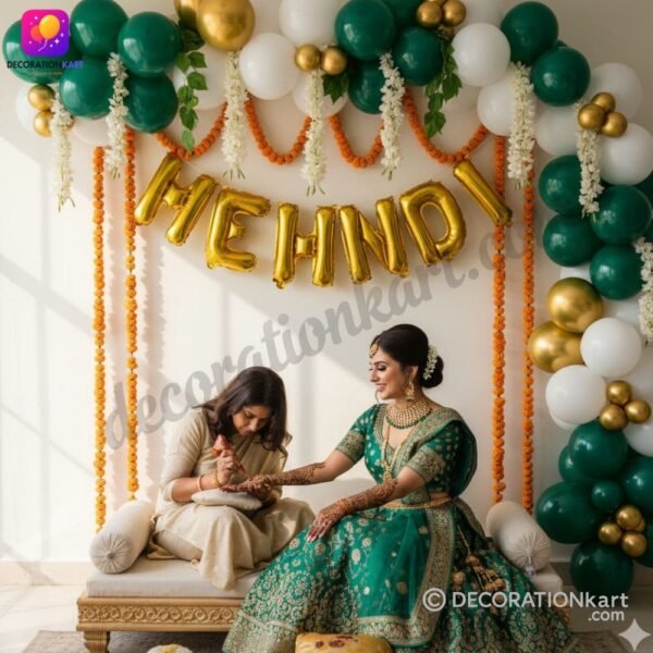 DECORATIONkart MEHNDI Golden Foil Balloons in metallic gold for Mehndi ceremony, wedding stage decoration, bridal shower backdrop, and festive party décor