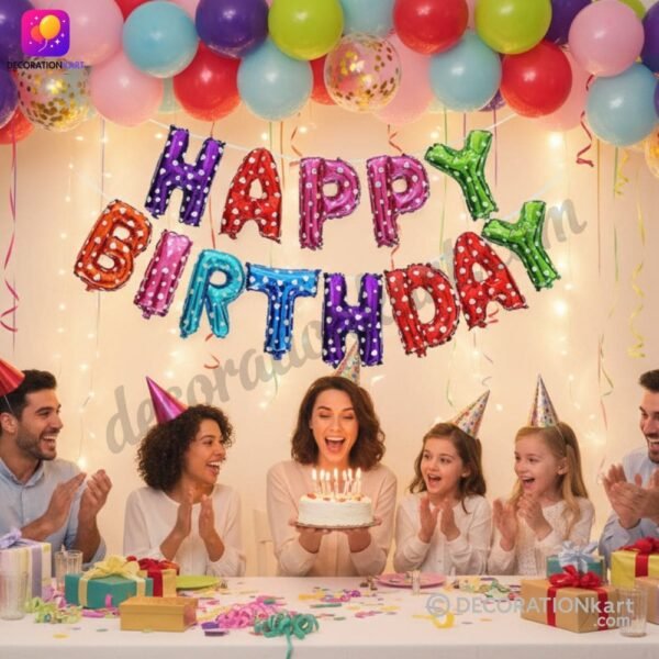DECORATIONkart HAPPY BIRTHDAY Multicolor Foil Balloons Banner in vibrant metallic colors for kids’ birthday, adult birthday, surprise party, and festive celebration décor