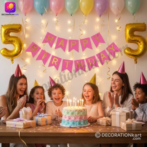 DECORATIONkart HAPPY BIRTHDAY Pink Card Banner with 13 soft pink paper letters for girls’ birthday, baby celebration, and pastel party décor