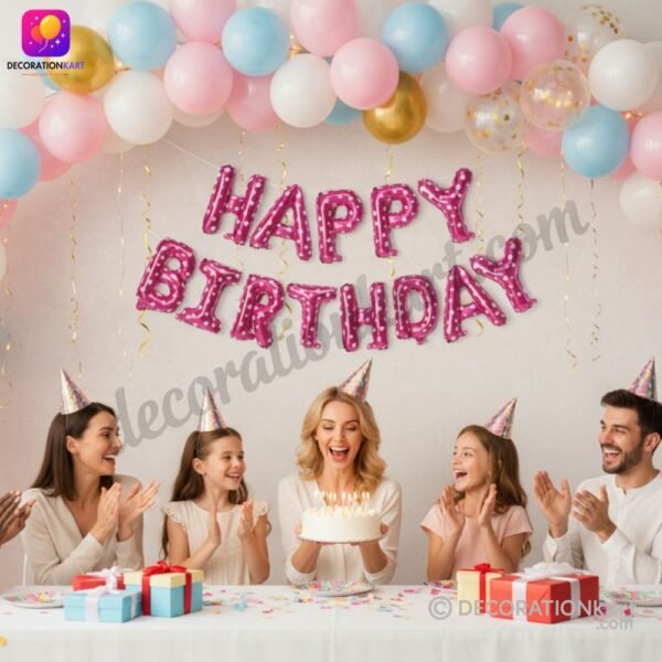 DECORATIONkart HAPPY BIRTHDAY Pink Foil Balloons Banner in metallic pink for girls’ birthday, kids’ party, milestone birthday, and festive celebration décor