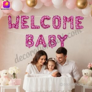 DECORATIONkart WELCOME BABY Pink Foil Balloons Banner in metallic pink for baby shower, welcome baby party, gender reveal, and newborn celebration décor