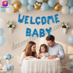 DECORATIONkart WELCOME BABY Blue Foil Balloons Banner in metallic blue for baby shower, welcome baby party, gender reveal, and newborn celebration décor
