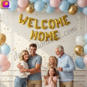 DECORATIONkart WELCOME HOME Golden Foil Balloons Banner in metallic gold for homecoming, housewarming, family reunion, and welcome party decoration