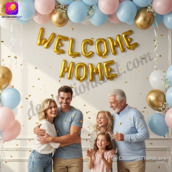DECORATIONkart WELCOME HOME Golden Foil Balloons Banner in metallic gold for homecoming, housewarming, family reunion, and welcome party decoration