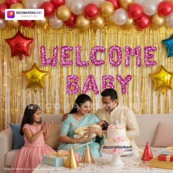 Welcome baby party setup with DECORATIONkart’s 64 pcs decoration kit featuring a pink dotted foil “Welcome Baby” banner, golden fringe curtains, metallic balloons in golden, red, and white, multicolor star foils, and DIY accessories.