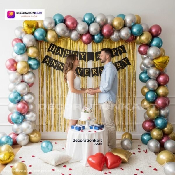 Anniversary party setup with DECORATIONkart’s 69 pcs decoration kit featuring a black cardstock “Happy Anniversary” banner, golden fringe curtains, multicolor metallic balloons, golden and red heart foils, and DIY accessories.