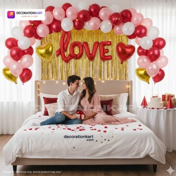 Romantic couple party setup with DECORATIONkart’s 57 pcs decoration kit featuring a red foil “LOVE” banner, golden fringe curtains, metallic balloons in pink, golden, and white, heart foil balloons, and DIY accessories.