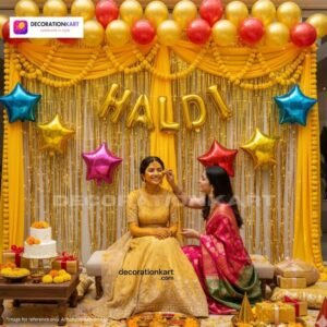 Haldi ceremony setup with DECORATIONkart’s 58 pcs decoration kit featuring a golden foil “Haldi” banner, golden fringe curtains, metallic balloons in golden, red, and yellow, multicolor star foils, and DIY accessories.