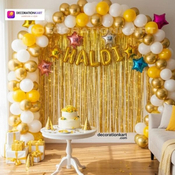 Haldi ceremony setup with DECORATIONkart’s 58 pcs decoration kit featuring a golden foil “Haldi” banner, golden fringe curtains, metallic balloons in golden, white, and yellow, multicolor star foils, and DIY accessories.