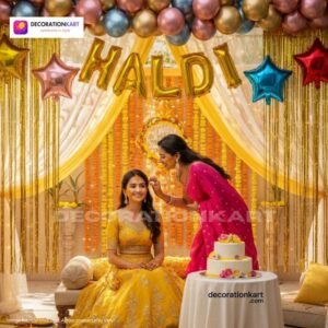 Haldi ceremony setup with DECORATIONkart’s 58 pcs decoration kit featuring a golden foil “Haldi” banner, golden fringe curtains, multicolor metallic balloons, star foils, and DIY accessories.