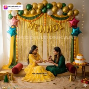 Mehndi ceremony setup with DECORATIONkart’s 59 pcs decoration kit featuring a golden foil “Mehndi” banner, golden fringe curtains, metallic balloons in golden, green, and white, multicolor star foils, and DIY accessories.