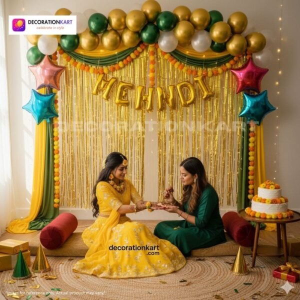 Mehndi ceremony setup with DECORATIONkart’s 59 pcs decoration kit featuring a golden foil “Mehndi” banner, golden fringe curtains, metallic balloons in golden, green, and white, multicolor star foils, and DIY accessories.