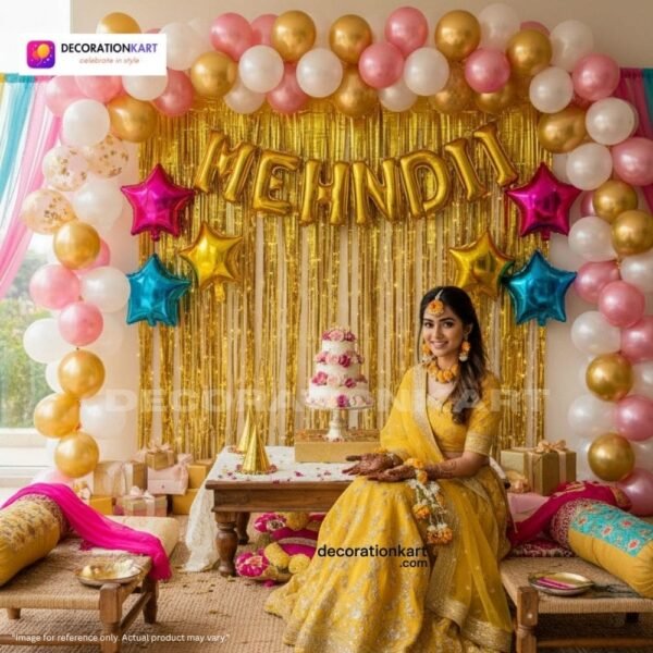 Mehndi ceremony setup with DECORATIONkart’s 59 pcs decoration kit featuring a golden foil “Mehndi” banner, golden fringe curtains, metallic balloons in golden, pink, and white, multicolor star foils, and DIY accessories.
