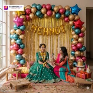 Mehndi ceremony setup with DECORATIONkart’s 59 pcs decoration kit featuring a golden foil “Mehndi” banner, golden fringe curtains, multicolor metallic balloons, star foils, and DIY accessories.