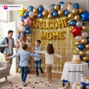 Welcome home party setup with DECORATIONkart’s 60 pcs decoration kit featuring a golden foil “WELCOME HOME” banner, golden fringe curtains, metallic balloons in golden, white, and blue, star foil balloons, and DIY accessories.