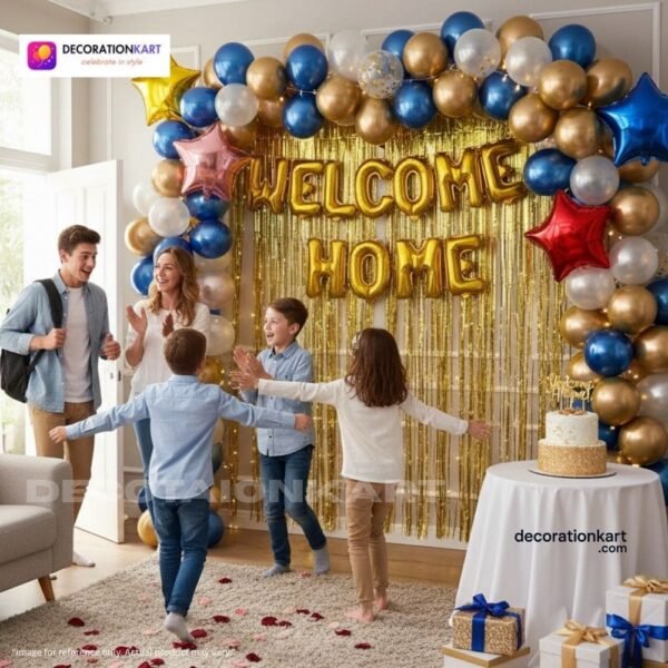Welcome home party setup with DECORATIONkart’s 60 pcs decoration kit featuring a golden foil “WELCOME HOME” banner, golden fringe curtains, metallic balloons in golden, white, and blue, star foil balloons, and DIY accessories.