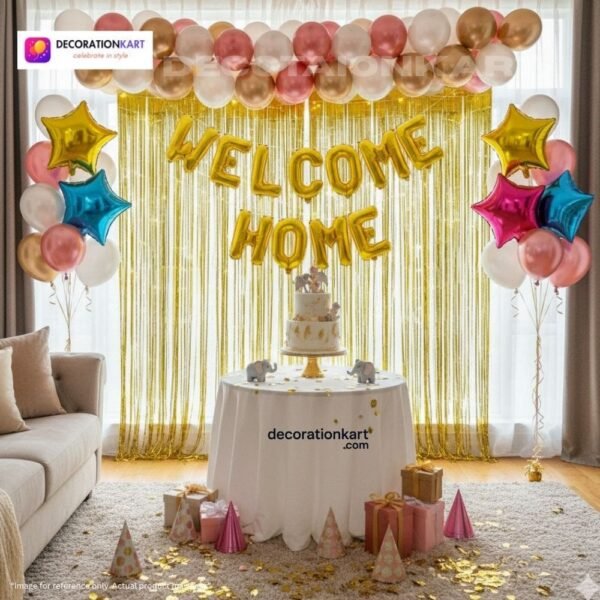Welcome home party setup with DECORATIONkart’s 60 pcs decoration kit featuring a golden foil “WELCOME HOME” banner, golden fringe curtains, metallic balloons in golden, white, and pink, star foil balloons, and DIY accessories.