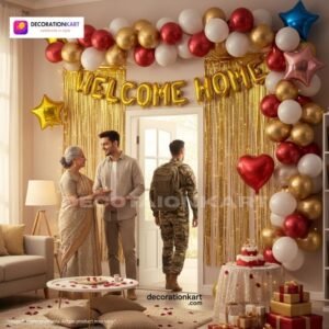 Welcome home party setup with DECORATIONkart’s 60 pcs decoration kit featuring a golden foil “WELCOME HOME” banner, golden fringe curtains, metallic balloons in red, golden, and white, star foil balloons, and DIY accessories.