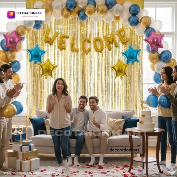 Welcome party setup with DECORATIONkart’s 60 pcs decoration kit featuring a golden foil “WELCOME” banner, golden fringe curtains, metallic balloons in blue, golden, and white, star foil balloons, and DIY accessories.