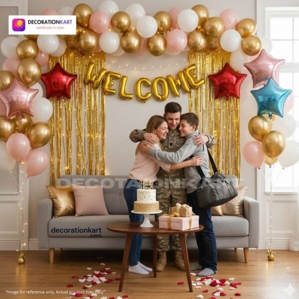 Welcome party setup with DECORATIONkart’s 60 pcs decoration kit featuring a golden foil “WELCOME” banner, golden fringe curtains, metallic balloons in pink, golden, and white, star foil balloons, and DIY accessories.