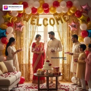 Welcome party setup with DECORATIONkart’s 60 pcs decoration kit featuring a golden foil “WELCOME” banner, golden fringe curtains, metallic balloons in red, golden, and white, star foil balloons, and DIY accessories.