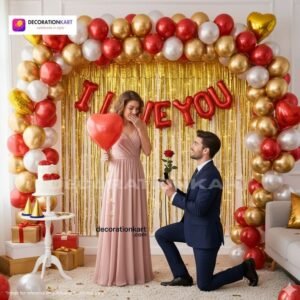 Romantic couple party setup with DECORATIONkart’s 61 pcs decoration kit featuring a red foil “I LOVE YOU” banner, golden fringe curtains, metallic balloons in red, golden, and white, heart foil balloons, and DIY accessories.