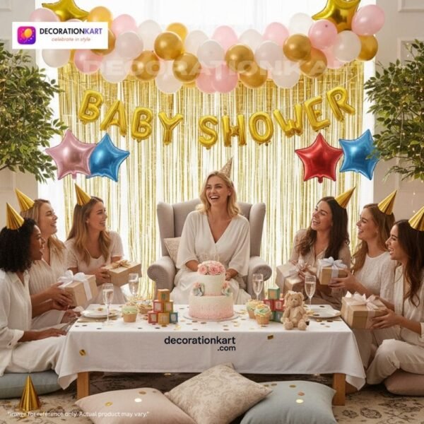 Baby shower party setup with DECORATIONkart’s 63 pcs decoration kit featuring a golden foil “Baby Shower” banner, golden fringe curtains, metallic balloons in golden, pink, and white, multicolor star foils, and DIY accessories.