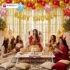 Baby shower party setup with DECORATIONkart’s 63 pcs decoration kit featuring a golden foil “Baby Shower” banner, golden fringe curtains, metallic balloons in golden, yellow, and red, multicolor star foils, and DIY accessories.