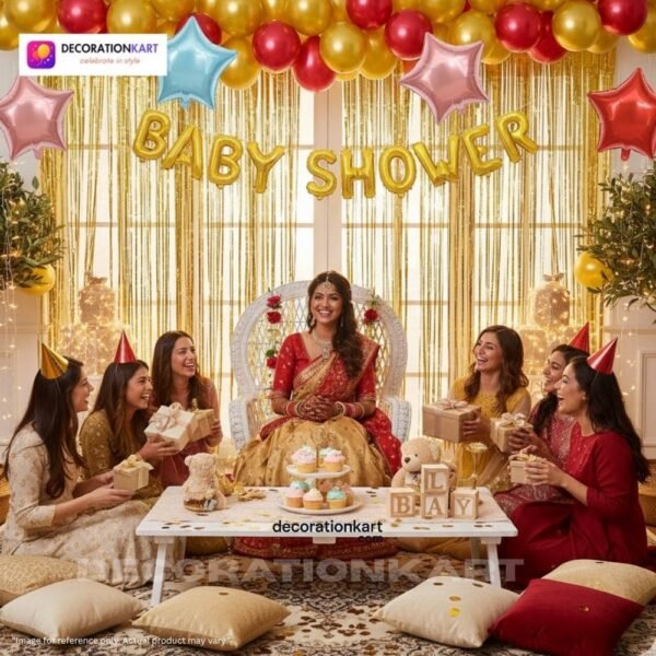 Baby shower party setup with DECORATIONkart’s 63 pcs decoration kit featuring a golden foil “Baby Shower” banner, golden fringe curtains, metallic balloons in golden, yellow, and red, multicolor star foils, and DIY accessories.