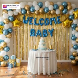 Welcome baby party setup with DECORATIONkart’s 64 pcs decoration kit featuring a blue dotted foil “Welcome Baby” banner, golden fringe curtains, metallic balloons in golden, blue, and white, multicolor star foils, and DIY accessories.